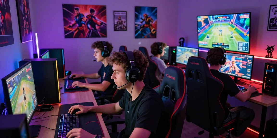 Kelompok teman bermain game online di ruang bermain, menunjukkan cipung138 dengan peralatan gaming canggih.