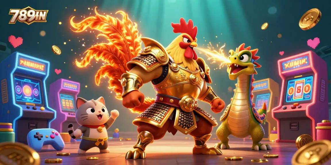 Experience thrilling gameplay with 789WIN, featuring a rooster warrior and dragon in a dynamic casino scene.