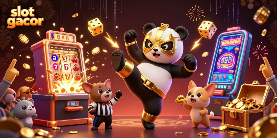 Slot gacor, panda profesional terbang di kasino dengan mesin slot meledak dan penonton heboh