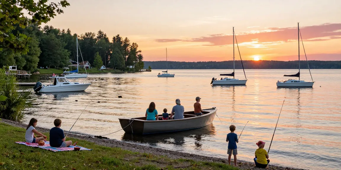Boat dealer supporting family adventures at a serene lakeside marina