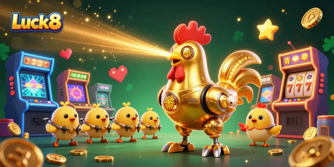 Luck8 showcases a vibrant 3D casino scene with golden rooster and arcade games, engaging players.
