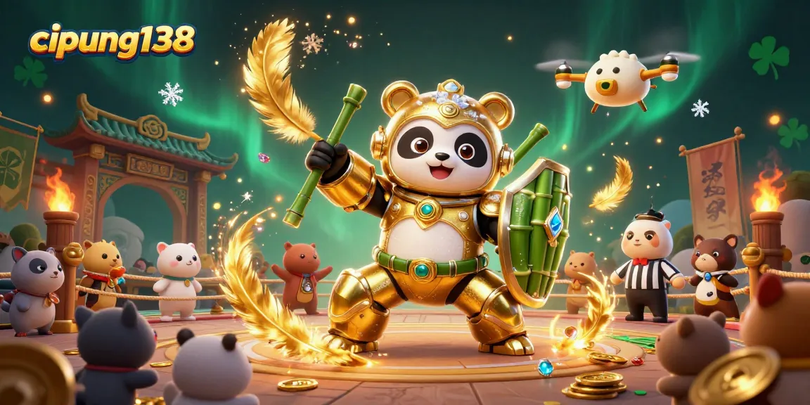 Cipung138 offers dynamic gaming action with a golden panda in battle, showcasing vibrant gambling elements amidst a cheering crowd.