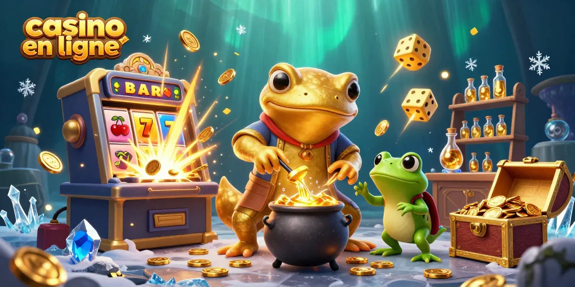 Jouez au casino en ligne avec l'alchimiste et ses créatures, transmutant des pièces d'or dans une illustration colorée.