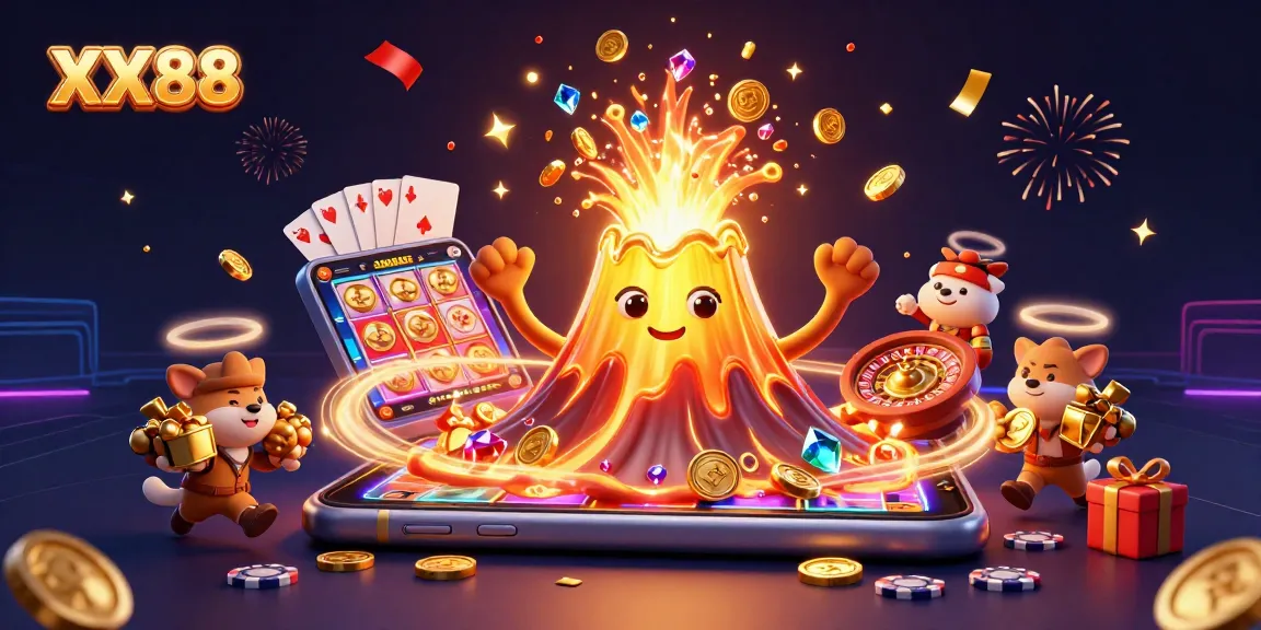 Experience thrilling gaming with XX88's vibrant 3D illustration featuring a volcano erupting treasure.