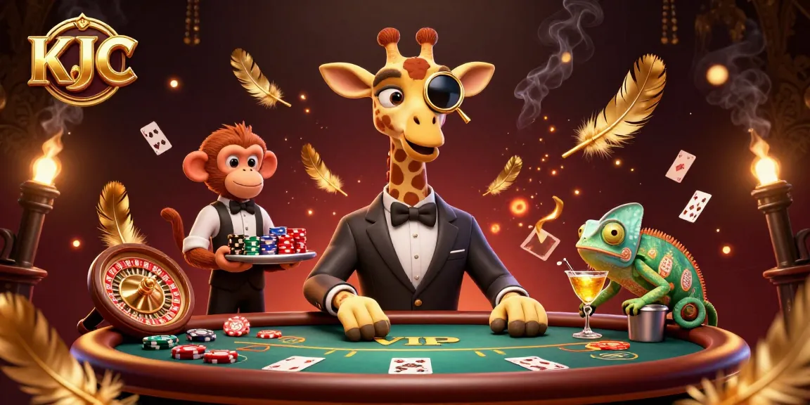 KJC engages players with a thrilling VIP poker scene featuring a high-roller giraffe and vibrant casino elements.