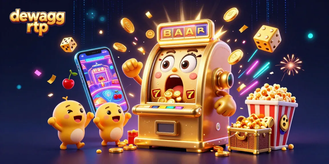 Dewagg rtp showcases a golden slot machine hitting a jackpot, surrounded by cheering machines and dazzling casino elements.