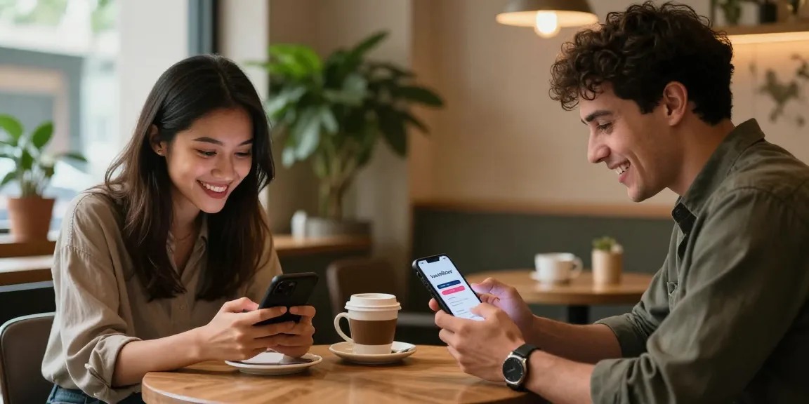 HundRoses users engaging in meaningful conversations at a cozy cafe, showcasing modern online dating.