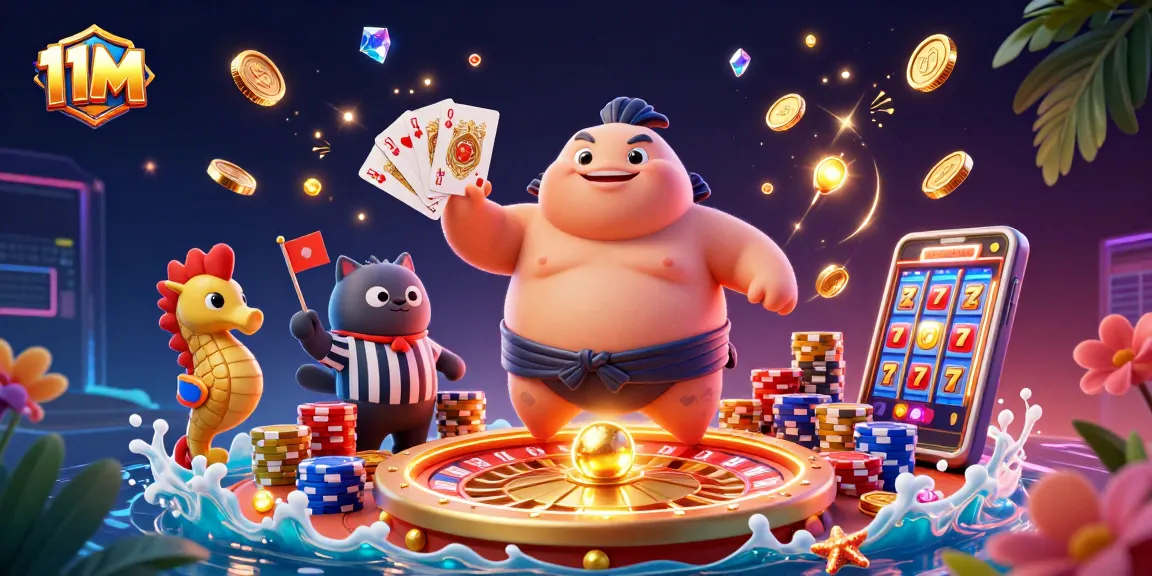 Engage with betting strategies at 11M's colorful casino scene featuring dynamic characters.