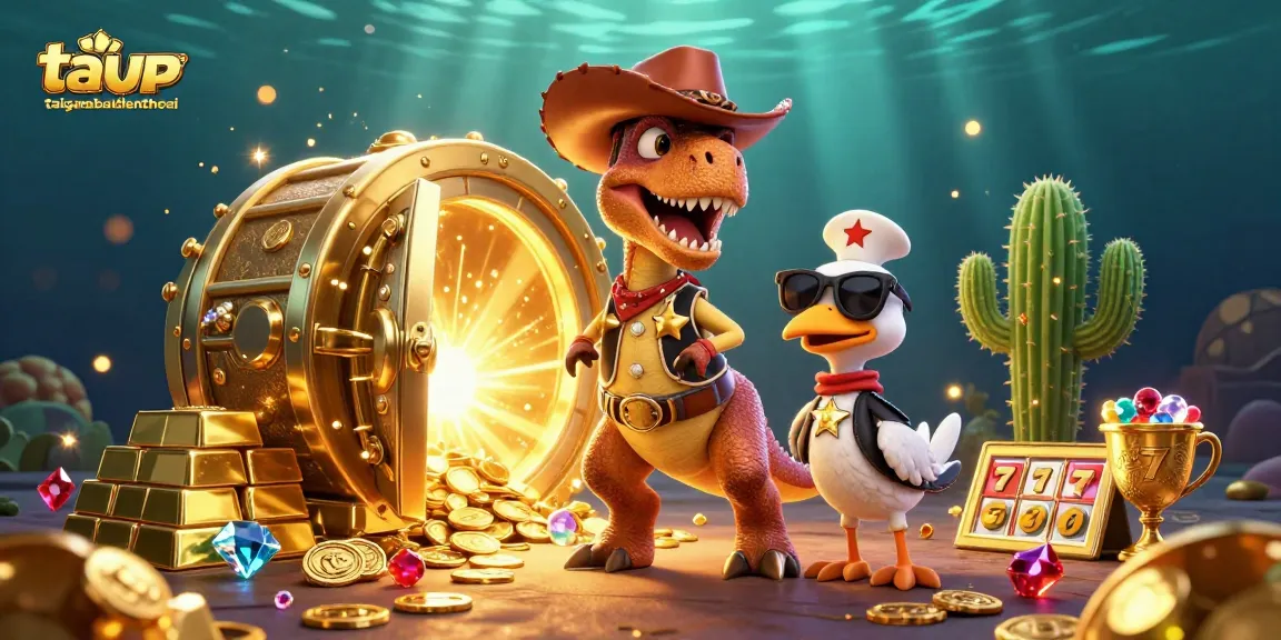 Experience the excitement of taigamebaidienthoai with a cowboy dinosaur and slot reels in a vibrant casino scene.