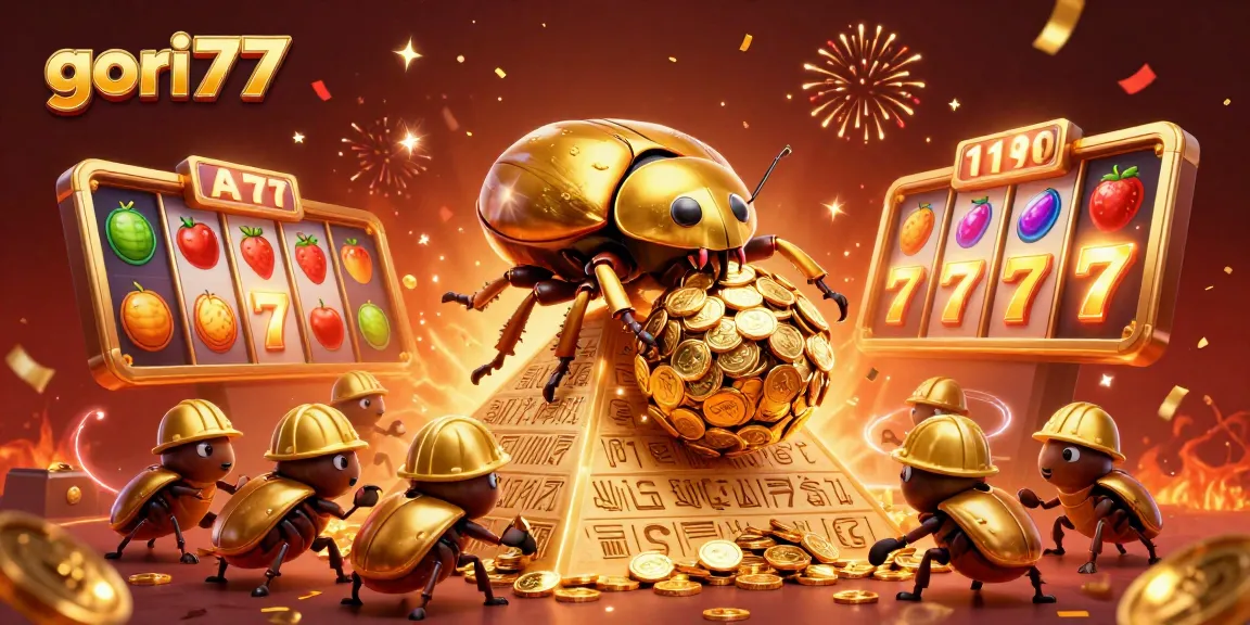 Experience the thrill of gori77 as golden beetles roll coins in an exciting casino scene.