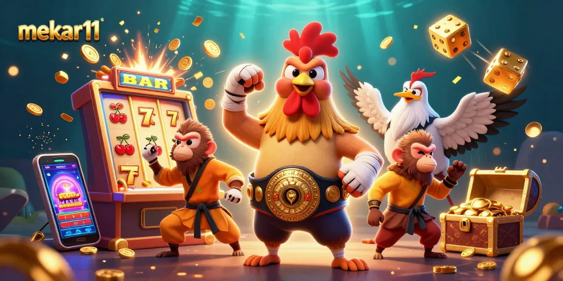 Engage in thrilling action with mekar11's dynamic casino scene featuring a rooster and monkey masters amidst explosive jackpots.