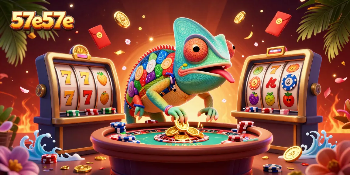 Aposte com confiança no 57e57e em ilustração 3D vibrante com camaleão e símbolos de caça-níqueis.