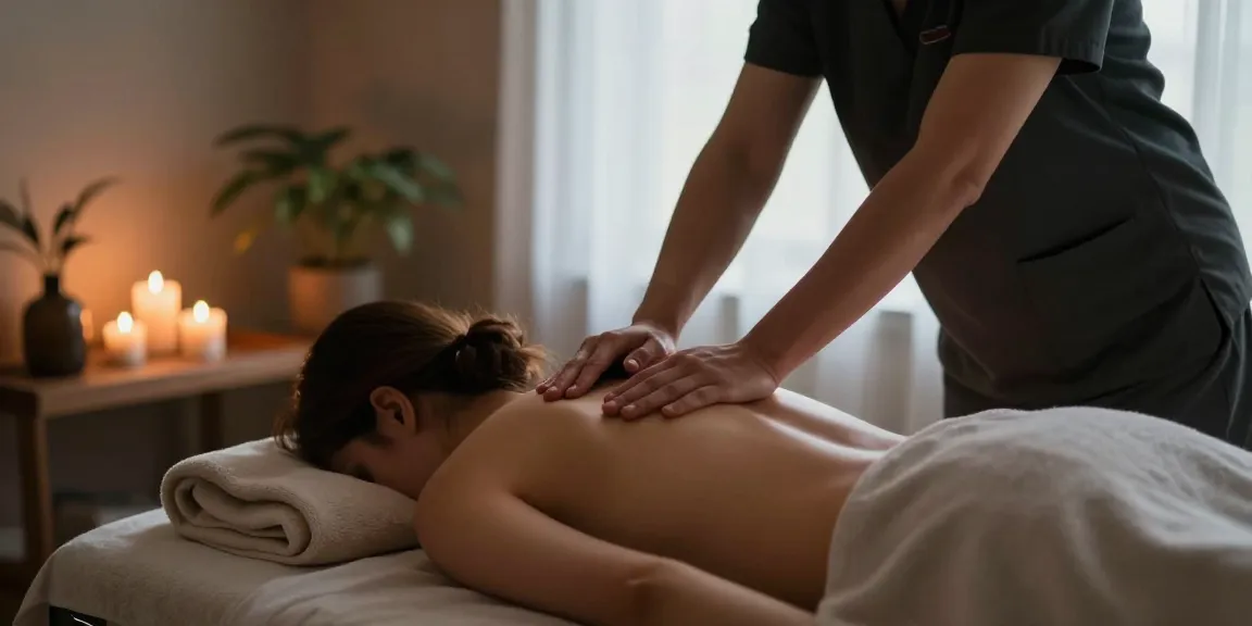 마포출장안마 therapist providing a calming massage environment with soothing elements and soft lighting.