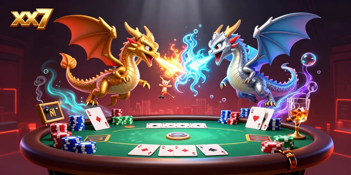 xx7 dragons breathe fire and ice over a poker table filled with chips, cards, and whiskey.