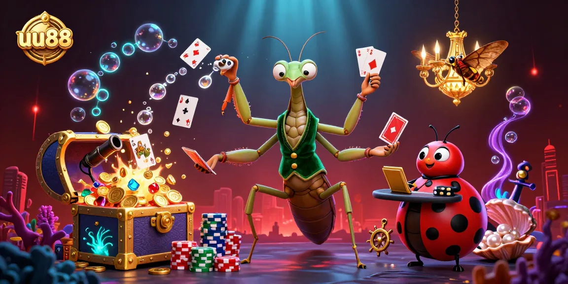 Experience dynamic gaming with uu88’s vibrant illustration featuring a card sharp and ladybug pit boss.