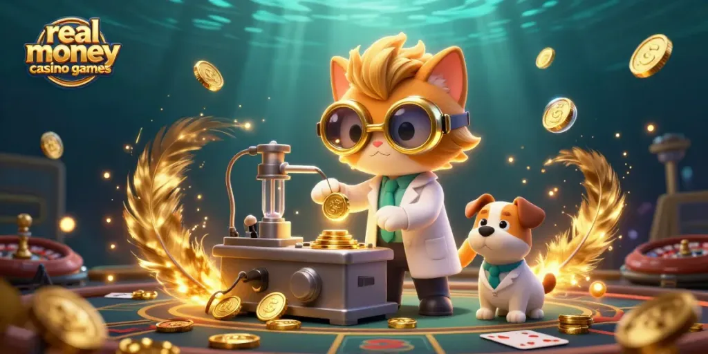 Spin and win with real money casino games featuring a mad scientist cat and golden elements.