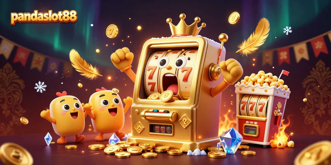 PandSlot88 menampilkan mesin slot emas kartun yang mengejutkan saat menang jackpot, dikelilingi oleh koin emas.