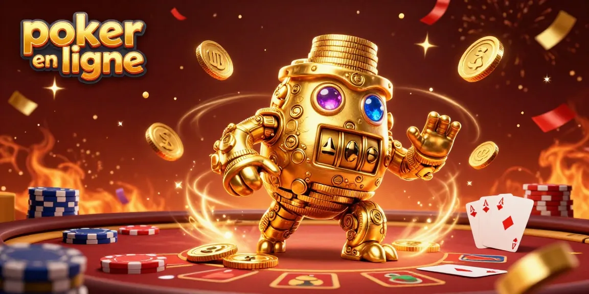 Jouez au poker en ligne avec ce golem en or dynamique, symboles de jeu et éclats lumineux.