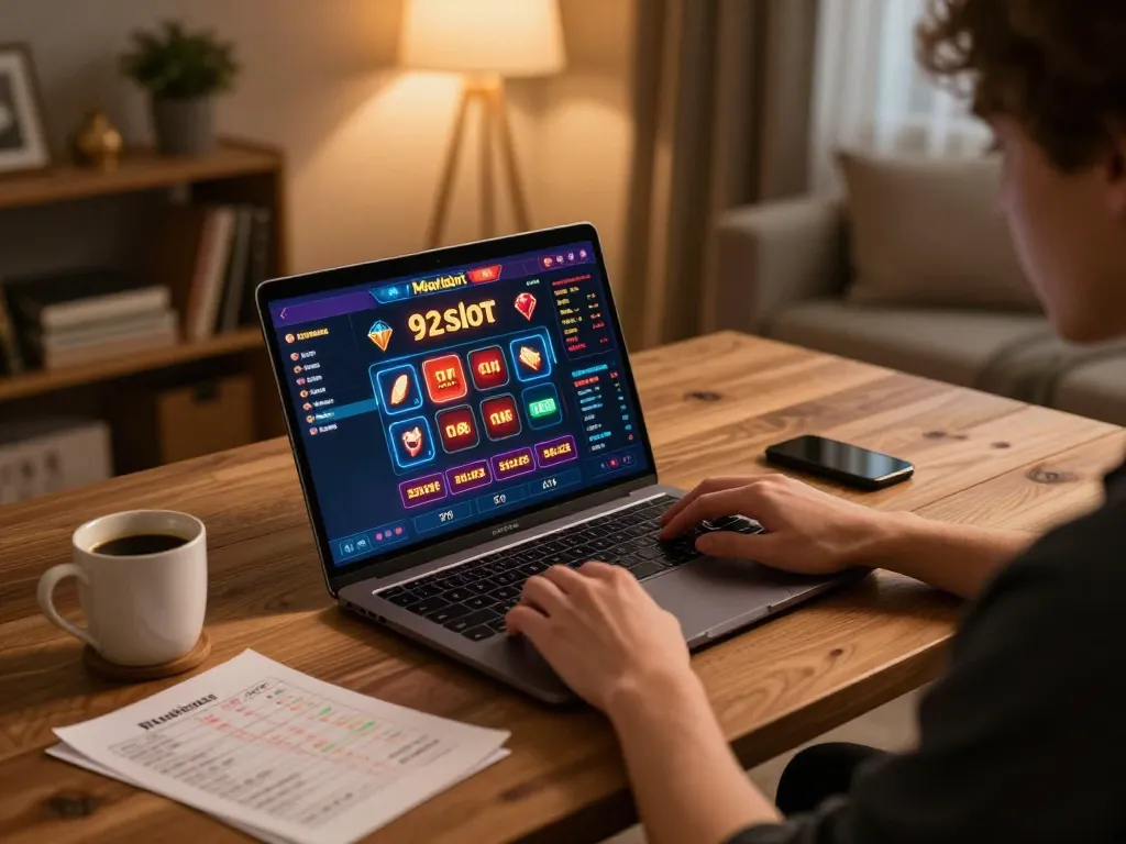 Engaging with 92slot online casino in a cozy home setup, showcasing strategic gaming.