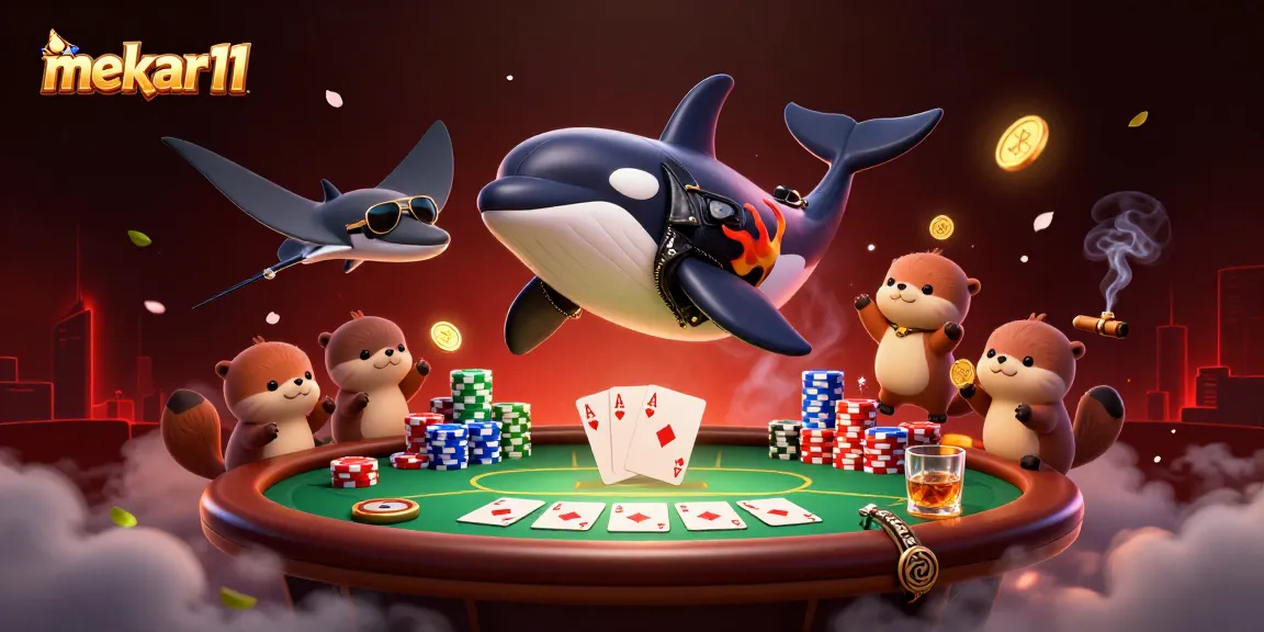 Join the excitement at mekar11 as a whale, stingray, and otters cheer for a thrilling poker night!