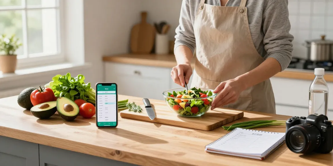 Healthy meal prep in bright kitchen using the best food tracker app.