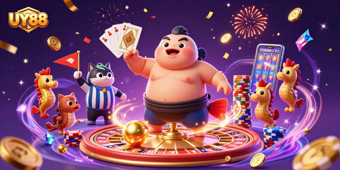 Experience thrilling gameplay at UY88 with a festive underwater casino scene of a fugu, catfish, and seahorses.