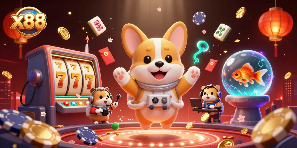 x88 casino dreamscape featuring a cartoon astronaut corgi, gold coins, and vibrant game elements.