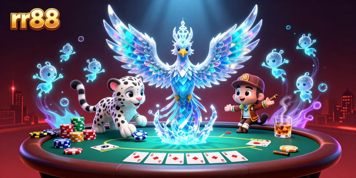 Play with rr88's lively characters in a vibrant casino scene, featuring a snow leopard cub and an enchanting phoenix.