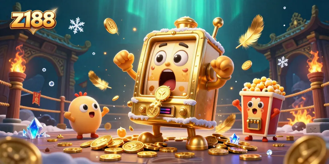 Win big with z188's golden slot machine surrounded by cheering baby slots and popcorn, celebrating jackpots.