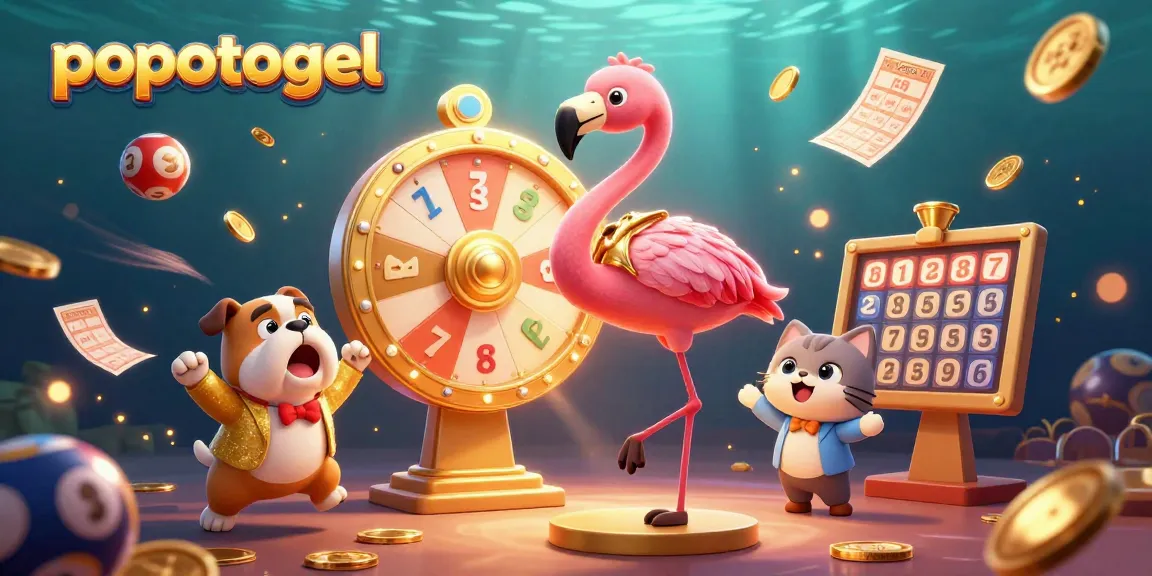 Take a chance and win with popotogel as the flamingo spins the golden prize wheel, surrounded by explosive lottery action.