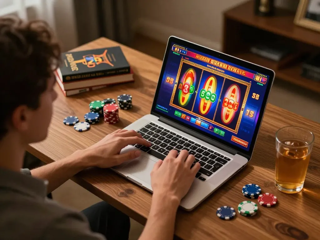 Engaging in situs slot gameplay on a laptop, showcasing dynamic online casino atmosphere.