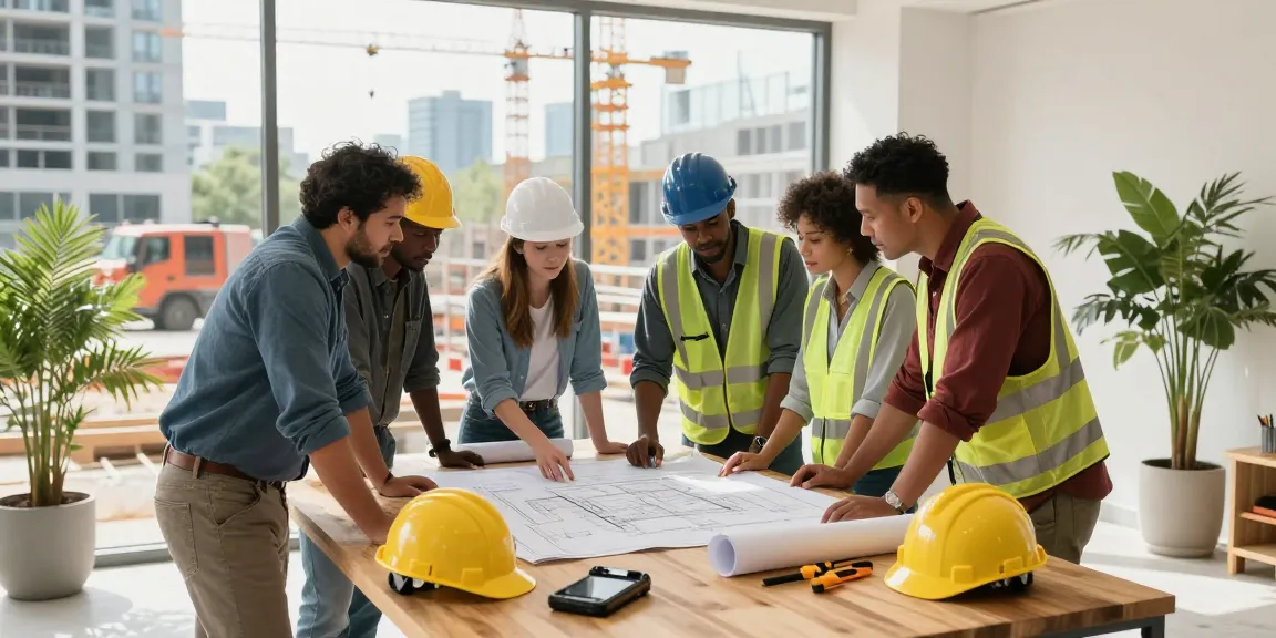 Commercial general contractor Toronto team collaborating on site plans with cranes in background.