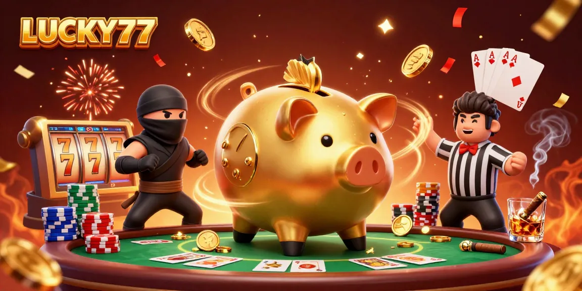 Experience excitement at LUCKY77 with a golden piggy bank sumo wrestler amidst casino elements.