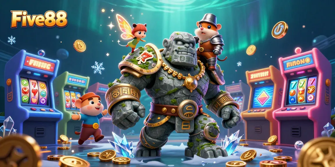 Experience Five88's vibrant casino adventure featuring a golem and gaming elements.