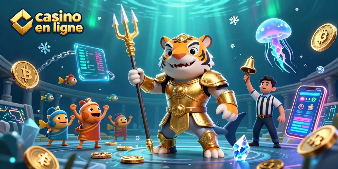 Plongez dans l'univers du casino en ligne avec un requin tigre en armure dorée, entouré de pièces de crypto-monnaies.