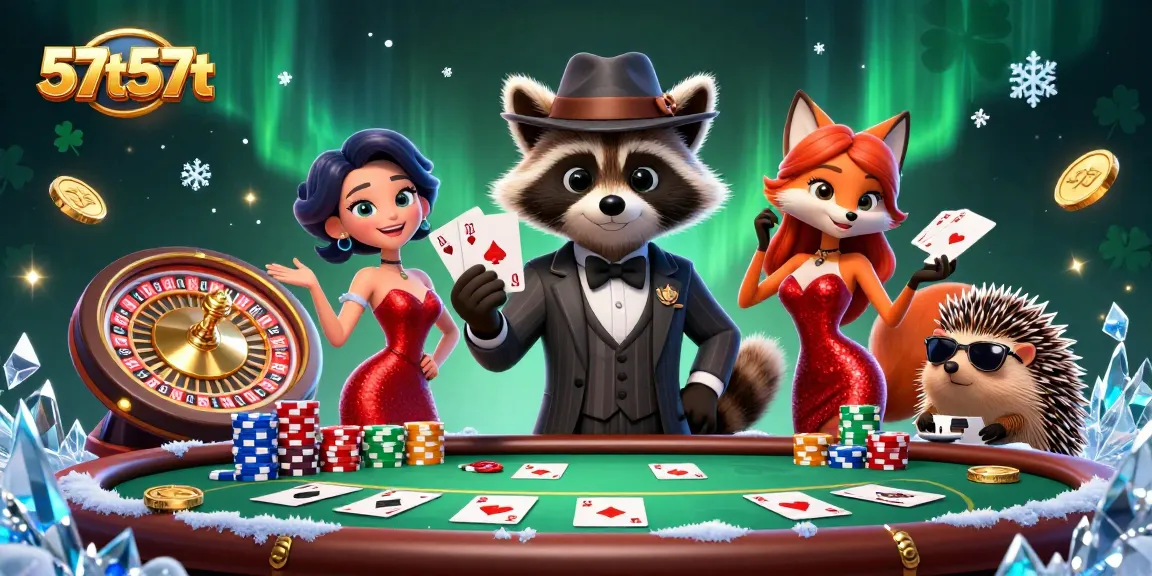 Engage with 57t57t through a vibrant casino scene featuring a suave raccoon and exciting poker action.