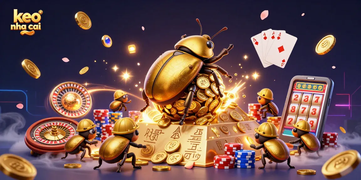 Attracting gamers with keo nha cai, a golden dung beetle rolls a coin ball in a lavish casino scene.