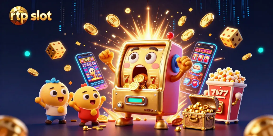 Mengungkap peluang besar dalam RTP slot dengan mesin slot emas ceria memukul jackpot, dikelilingi simbol beruntung.