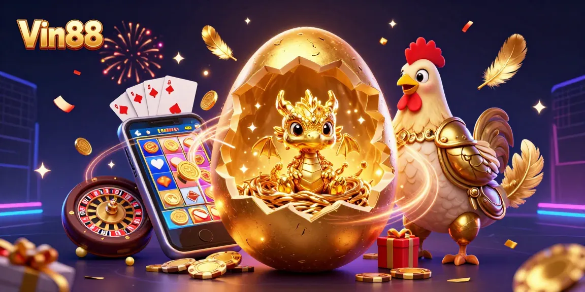 Experience thrilling gaming at Vin88 with a captivating 3D illustration of golden dragon and casino elements.