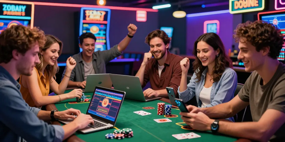Des amis jouant ensemble sur un casino en ligne France, ambiance lumineuse et festive, jeux et décorations de casino.