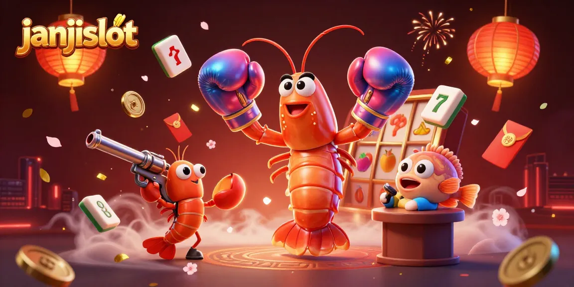Experience the thrilling janjislot action with vibrant characters amid spinning slots and festive decorations.