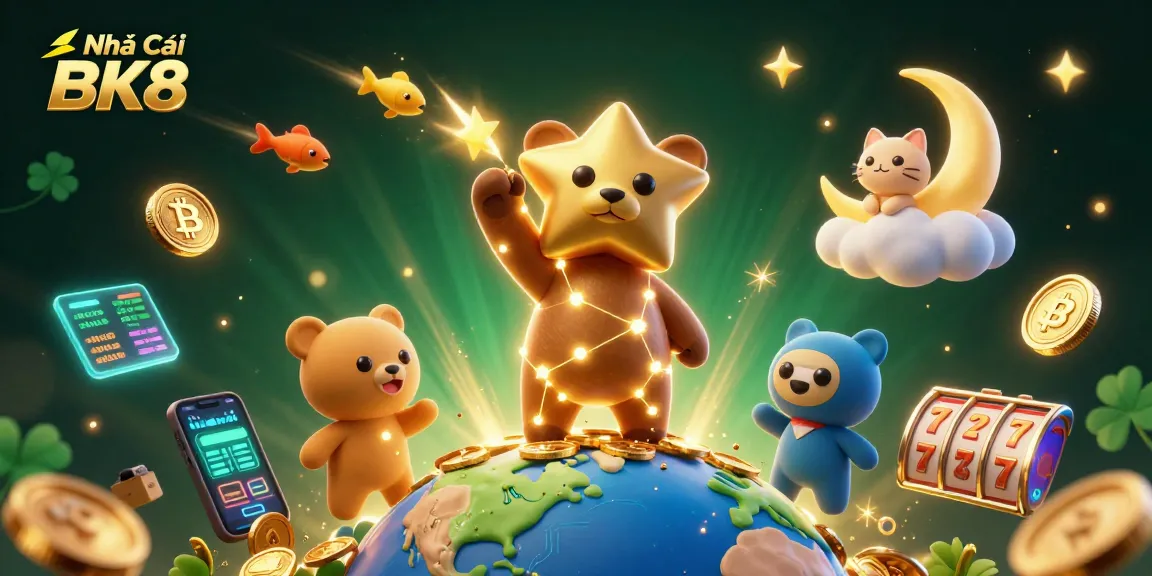 Join the action at Nhà Cái BK8 with dazzling coins and thrilling slot games in this vibrant 3D illustration.