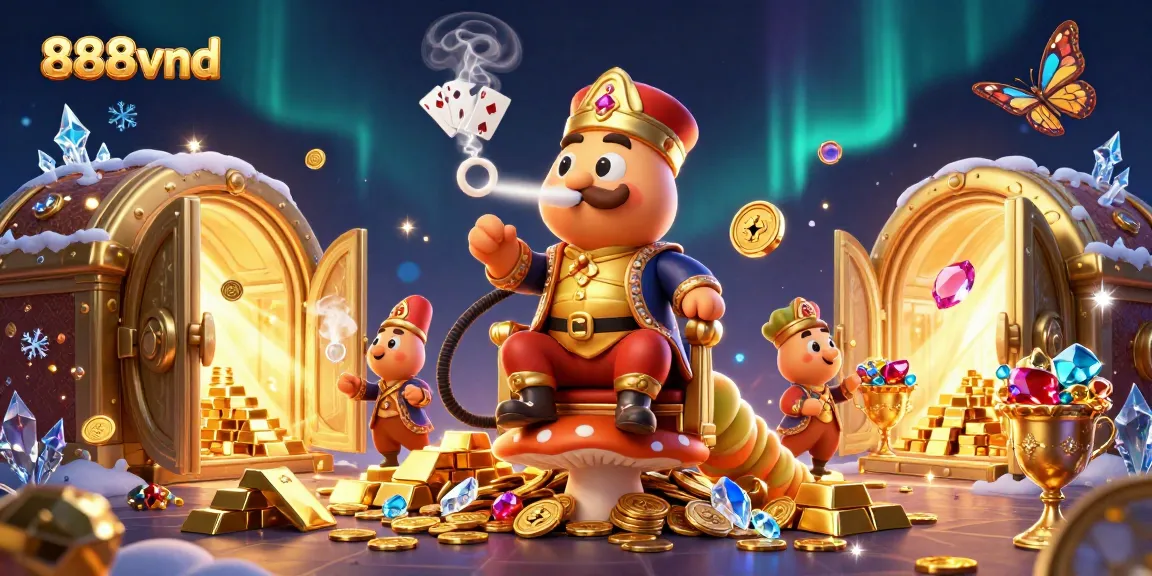 Experience thrilling wins with 888vnd's excited gaming scene featuring a colorful caterpillar and treasures.