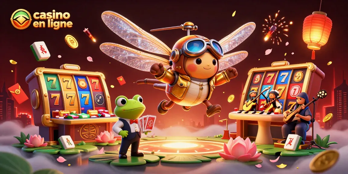 Célébrez le casino en ligne avec un pilote d'hélicoptère libellule et un croupier grenouille dans une scène animée.
