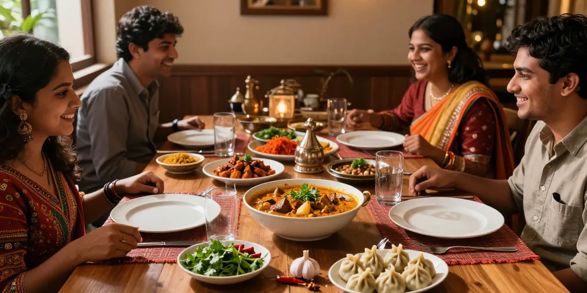 ROKOK88 dining scene showcasing vibrant Indian curry and Nepalese momo, emphasizing authentic flavors.