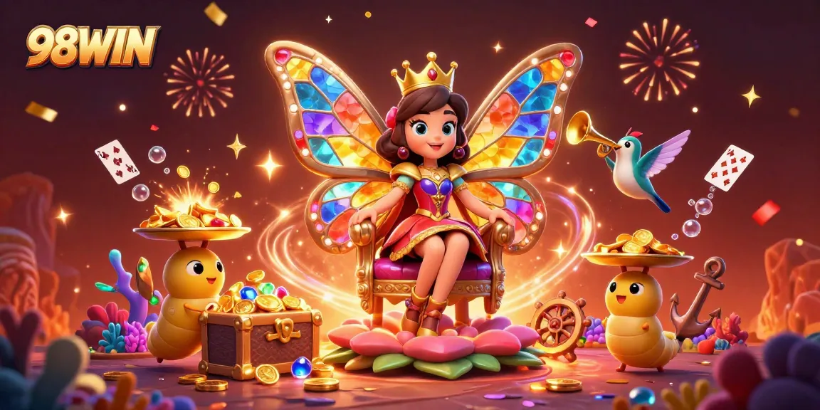 Experience thrilling games at 98WIN with a vibrant casino scene featuring a butterfly queen and gold coins.