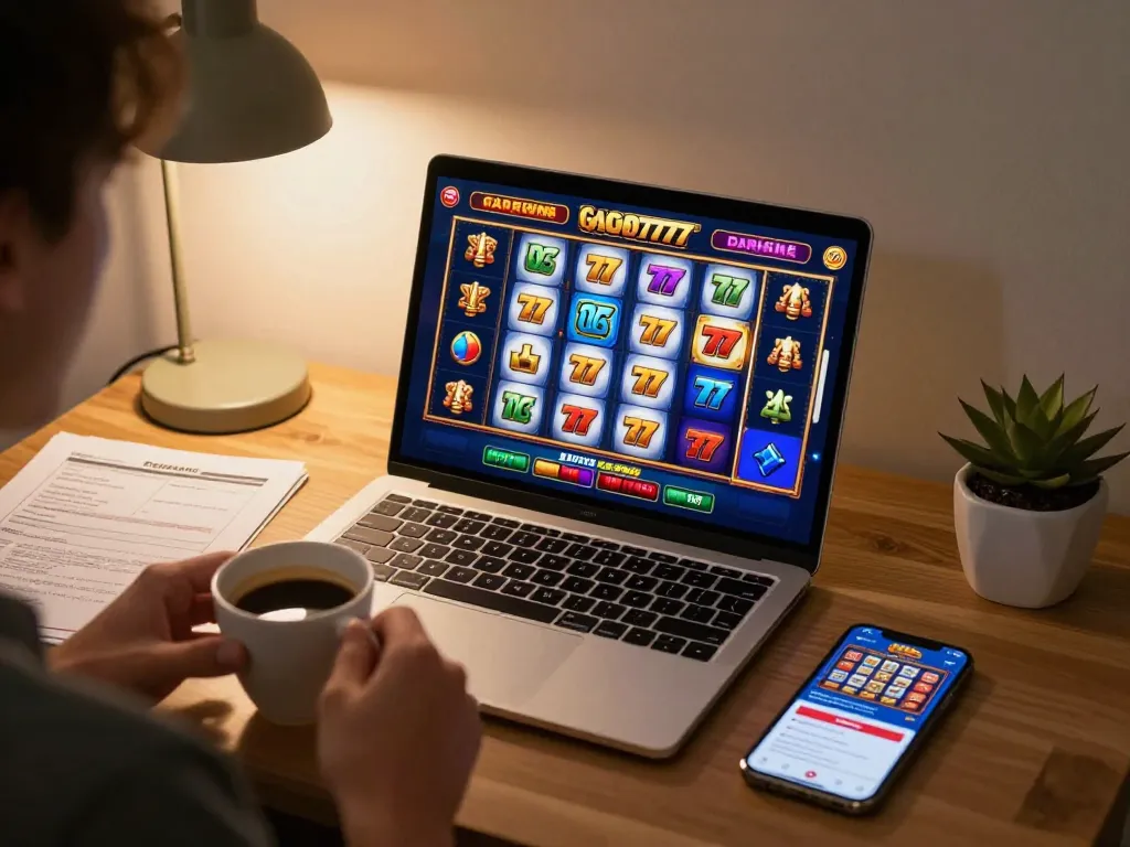 Engaging in exciting slot gacor 777 gameplay on a laptop screen in a cozy home setting, illustrating online gambling experience.