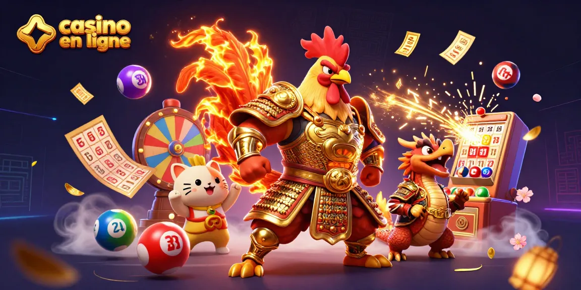 La scène dynamique de casino en ligne mettant en avant un guerrier coq, un dragon et des éléments de loterie.