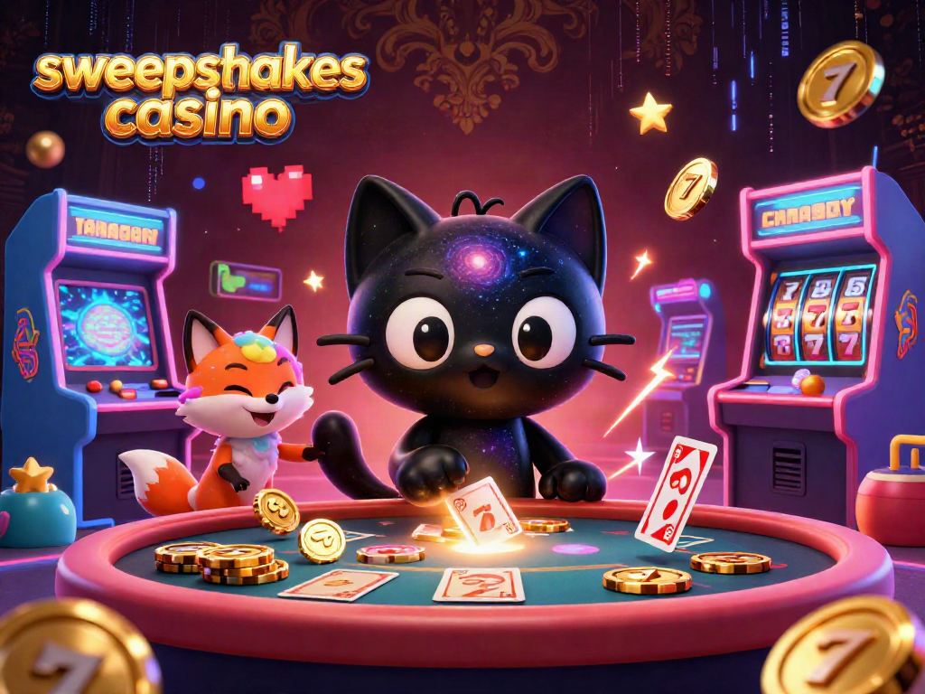 Engage in the sweepstakes casino experience with a cosmic illustration featuring a black hole cat and a nebula fox.
