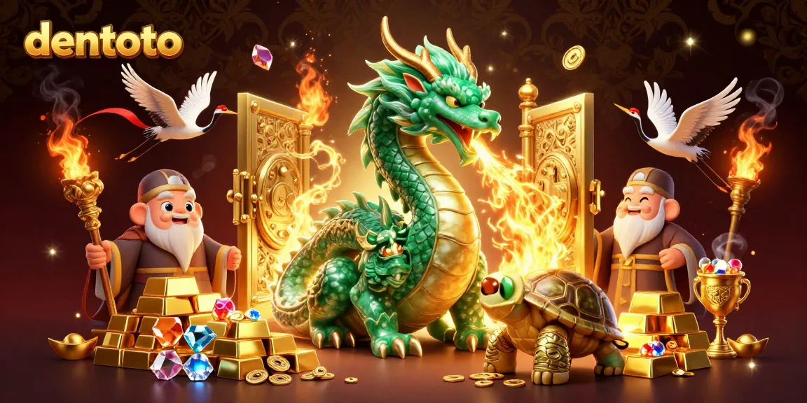 Experience the thrill of dentoto with a jade dragon amid treasures in this vibrant casino art.